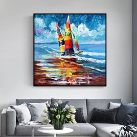 Abstract oil painting Boats Oil Canvas Painting Sea Landscape 100% handmade Wall Art Picture for Living Room Home Decor - 90x90cm