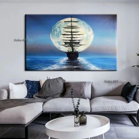 Handmade Sailboat Painting Seascape Original Art Boat Painting Nautical Artwork Full Moon Canvas Painting Night Sky Wall Art - 100X150cm