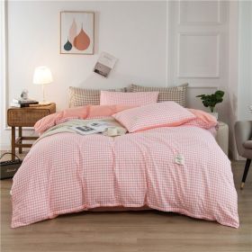 Simple Style Bedding 4 Piece Quilt Cover Sheet Pillowcase Cotton Spring Summer Autumn Winter Solid Two-color Student Dormitory - pink plaid 2 - 220x24