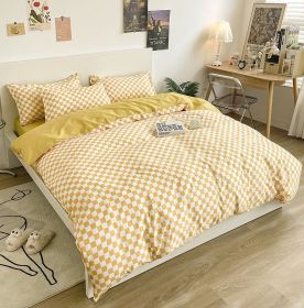 Washed Cotton Bedding 4 Piece Set 1.5m-2.2m Quilt Cover Sheet Pillowcase Plaid Stripes Student Dormitory Adult Child Boys Girls - Checkerboard -Yellow