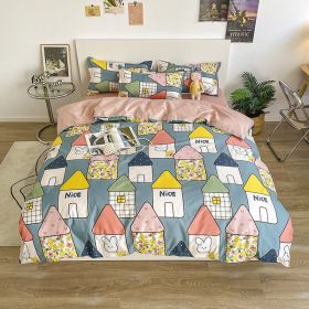 Washed Cotton Bedding 4 Piece Set 1.5m-2.2m Quilt Cover Sheet Pillowcase Plaid Stripes Student Dormitory Adult Child Boys Girls - House - blue - 2.2m