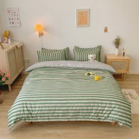Washed Cotton Bedding 4 Piece Set 1.5m-2.2m Quilt Cover Sheet Pillowcase Plaid Stripes Student Dormitory Adult Child Boys Girls - Stripes - Green - 2m