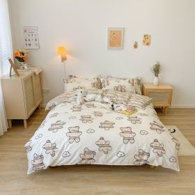 Washed Cotton Bedding 4 Piece Set 1.5m-2.2m Quilt Cover Sheet Pillowcase Plaid Stripes Student Dormitory Adult Child Boys Girls - Bear - Beige - 2.2m