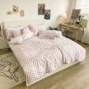 Washed Cotton Bedding 4 Piece Set 1.5m-2.2m Quilt Cover Sheet Pillowcase Plaid Stripes Student Dormitory Adult Child Boys Girls - Checkerboard - Pink