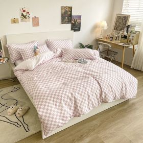Washed Cotton Bedding 4 Piece Set 1.5m-2.2m Quilt Cover Sheet Pillowcase Plaid Stripes Student Dormitory Adult Child Boys Girls - Checkerboard - Pink