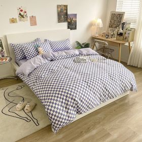 Washed Cotton Bedding 4 Piece Set 1.5m-2.2m Quilt Cover Sheet Pillowcase Plaid Stripes Student Dormitory Adult Child Boys Girls - Checkerboard -Purple