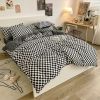 Washed Cotton Bedding 4 Piece Set 1.5m-2.2m Quilt Cover Sheet Pillowcase Plaid Stripes Student Dormitory Adult Child Boys Girls - Checkerboard - Black