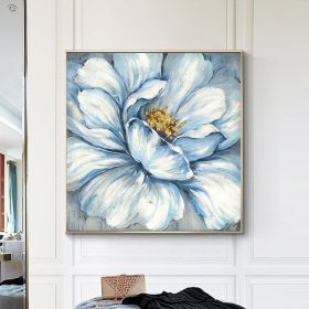 Handmade Gold Foil Abstract Oil Painting Wall Art Modern Minimalist Blue Color Flowers Canvas Home Decorative For Living Room No Frame - 150x150cm