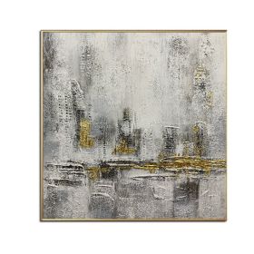 100% Handmade Gold Foil Abstract Oil Painting  Wall Art Modern Minimalist City Building Canvas Home Decor For Living Room No Frame - 120x120cm