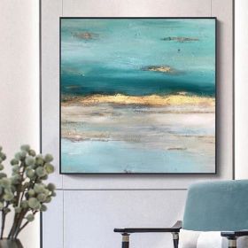 Hand Painted Abstract blue ocean oil painting seaside handmade Wall art Picture for Living room bedroom home decoration gift - 70x70cm