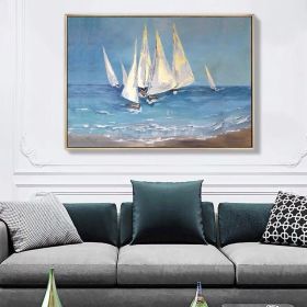 White sailboat vertical painting acrylic oil painting on canvas Handmade hanging picture wall art poster for living room decor - 70x140cm