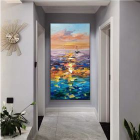 Handmade Landscape Lake Sky Oil Painting On Canvas Abstract Gold Art Wall Picture Modern Home Decoration For Living Room - 40x80cm