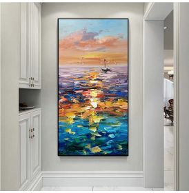 Handmade Landscape Lake Sky Oil Painting On Canvas Abstract Gold Art Wall Picture Modern Home Decoration For Living Room - 70x140cm