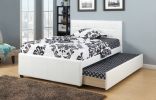 Twin Size Bed w/ Trundle Slats White Faux Leather Upholstered Plywood Kids Youth Bedroom Furniture Wooden Slats - as Pic