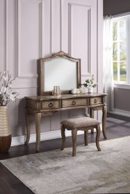 Contemporary Antique Oak Color Vanity Set w Stool Retro Style Drawers cabriole-tapered legs Mirror w floral crown molding Bedroom Furniture - as Pic