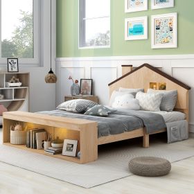 Full Size House Platform Bed with LED Lights and Storage, Wood Color - as Pic