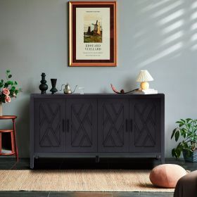 Four Door Wooden Twill Sideboard American Country Vintage Old Living Room Dining Room Hallway Entryway Cabinet (BLACK) - as Pic
