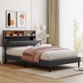 Full size Upholstered Platform Bed with Storage Headboard and USB Port, Linen Fabric Upholstered Bed (Gray) - as Pic