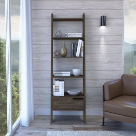 Oslo Ladder Bookcase; Four Legs; One Drawer; Five Open Shelves -Dark Walnut - as Pic
