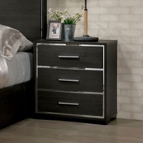 1x Nightstand Solid wood Warm Gray Sleek Modern Lines Chrome Trim Insert Contemporary Bedroom Furniture - as Pic