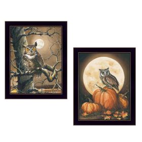 "Autumn Owls Collection" 2-Piece Vignette By John Rossini, Printed Wall Art, Ready To Hang Framed Poster, Black Frame - as Pic