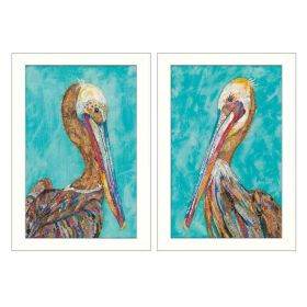 "Pelicans Collection" 2-Piece Vignette By Lisa Morales, Printed Wall Art, Ready To Hang Framed Poster, White Frame - as Pic