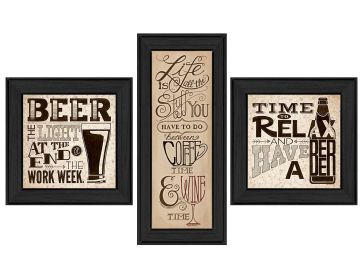 "Beer Time Collection" 3-Piece Vignette By Deb Strain, Printed Wall Art, Ready To Hang Framed Poster, Black Frame - as Pic