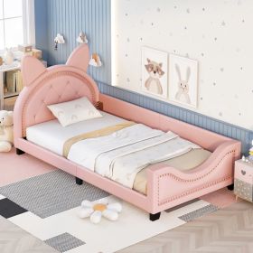 Twin Size Upholstered Daybed with Carton Ears Shaped Headboard, Pink - as Pic
