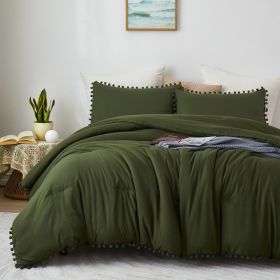 Boho Comforter Set, Boho Bedding set with Pom Poms Fringe Design, 1 Aesthetic Comforter and 2 Pillowshams - Olive Green - King