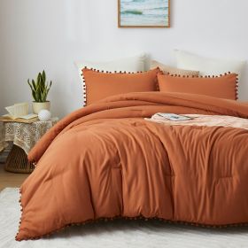 Boho Comforter Set, Boho Bedding set with Pom Poms Fringe Design, 1 Aesthetic Comforter and 2 Pillowshams - Burnt Orange - Queen