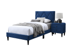 Twin Size Bed w Adjustable Headboard 1pc Bedframe, Navy Blue Velvet Upholstered Youth Bedroom Furniture - as Pic