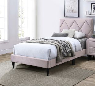 Twin Size Bed w Adjustable Headboard 1pc Bedframe, Light Pink Velvet Upholstered Youth Bedroom Furniture - as Pic