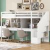 Twin Size Loft Bed Frame with Storage Staircase and Double Desks and Shelves,White - as Pic