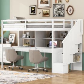 Twin Size Loft Bed Frame with Storage Staircase and Double Desks and Shelves,White - as Pic