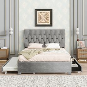 GRAY QUEEN SIZE TRUNDLE PULL OUT DRAWERS STORAGE UPHOLSTERED BED MODERN DESIGN NO BOX SPRING REQUIRED - as Pic