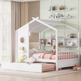 Wooden Full Size House Bed With Trundle, Modern Design for Kids with Storage Shlef, White - as Pic