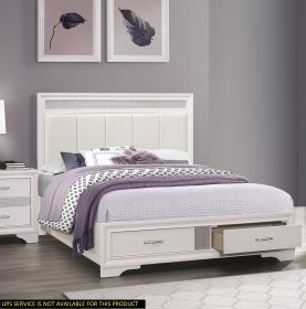 Modern Glam White Finish 1pc Queen Platform Bed with Drawers Storage Upholstered Headboard Silver Glitter Accent Wooden Bedroom Furniture - as Pic