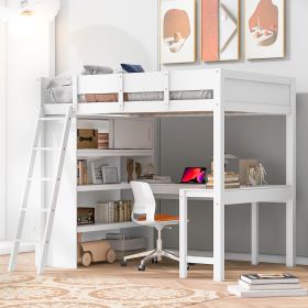 Full Size Loft Bed with Desk and Shelf - White - as Pic