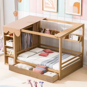 Full size House Bed with Two Drawers and Wardrobe,Natural - as Pic