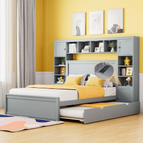 Full Size Wooden Bed With All-in-One Cabinet, Shelf and Sockets, Gray - as Pic