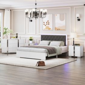 4-Pieces Bedroom Sets Queen Size Upholstered Bed with LED Lights, Mirrored Nightstands and Dresser with Metal Handles and Legs,White - as Pic