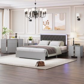 4-Pieces Bedroom Sets Queen Size Upholstered Bed with LED Lights, Mirrored Nightstands and Dresser with Metal Handles and Legs,Grey - as Pic