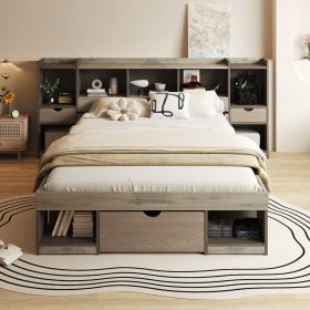Queen Size Wood Platform Bed with Muti-storage Headboard and a Drawer, Gray - as Pic