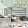 Wood House Bed Twin Size, 2 Twin Solid Bed L structure with fence and slatted frame, Gray - as Pic