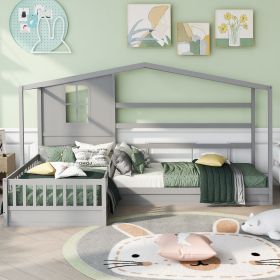 Wood House Bed Twin Size, 2 Twin Solid Bed L structure with fence and slatted frame, Gray - as Pic