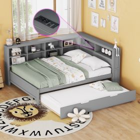 Wooden Full Size DayBed with Twin Size Trundle, DayBed with Storage Shelf and USB Charging Ports,Grey - as Pic
