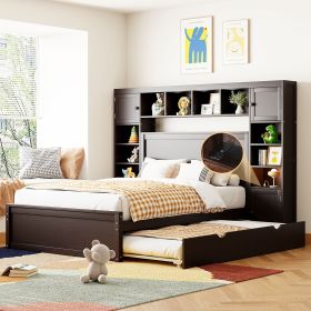 Full Size Wooden Bed With All-in-One Cabinet, Shelf and Sockets, Espresso - as Pic