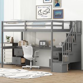 Twin Size Loft Bed Frame with Built-in Desk and Double Storage Drawers,Gray - as Pic