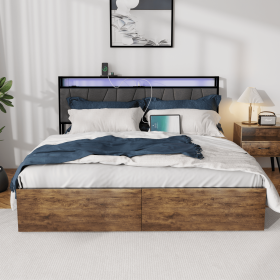 Queen Bed Frame with Storage, Ergonomic Headboard, Bed Frame with 2 Storage Drawers, Built in Charging Station & LED, Outlets & USB, Queen Size, Noise