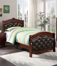Dark Cherry Full Size Bed Youth Bedroom Furniture Espresso Faux Leather Headboard Footboard Plywood - as Pic
